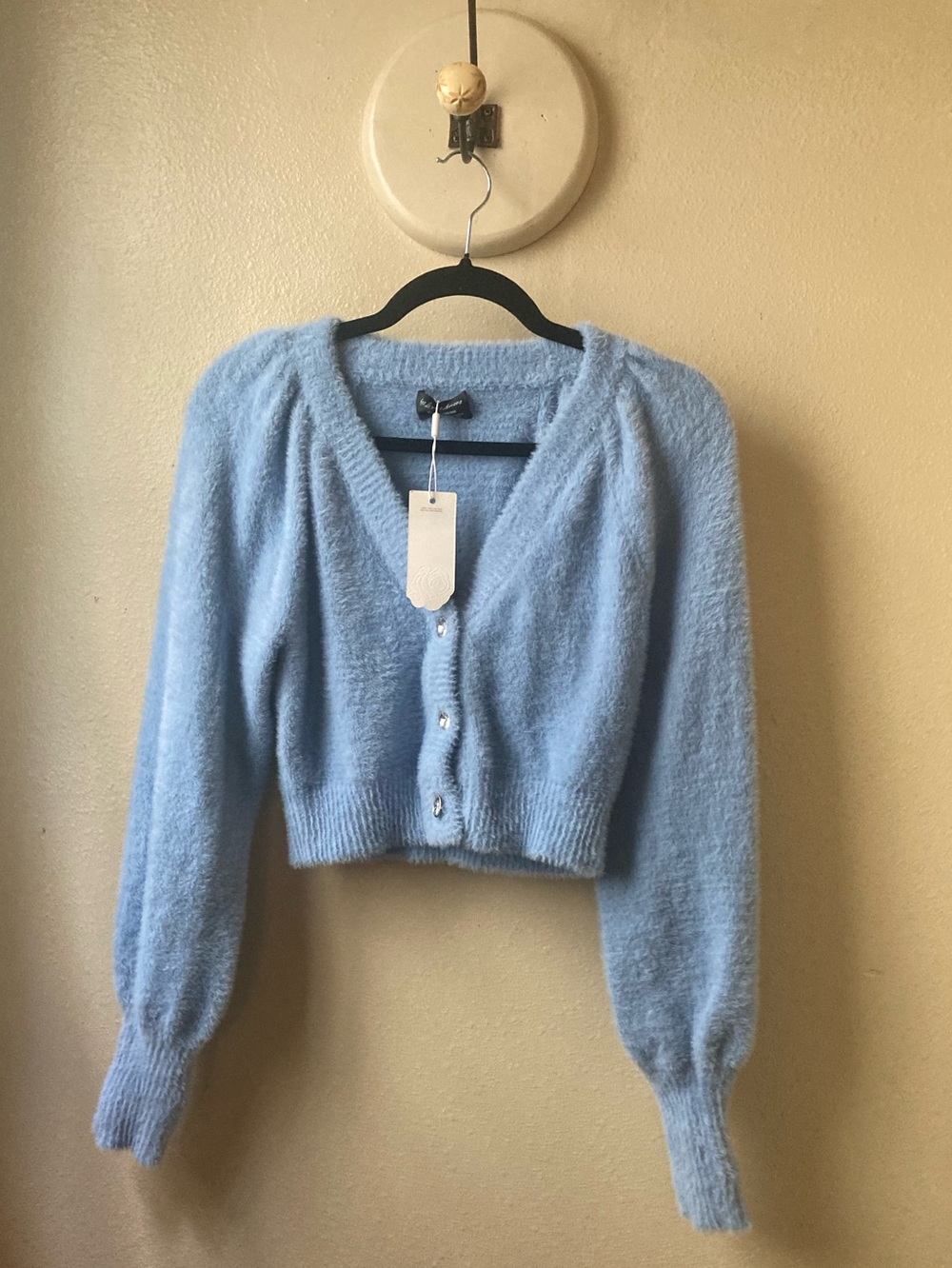 NWT For Love And Lemons Light Blue Cropped Fuzzy Deep V-Neck Fiona Knit Cardigan
